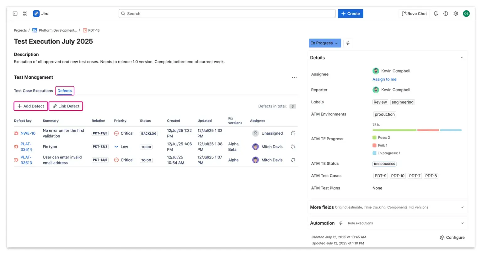 A comprehensive view of defect tracking in Jira, showing a list of identified bugs organized by status, priority, and reporter - view in Appsvio Test Management