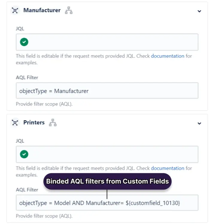 Assets integration in Feature Bundle - binded AQL filter examples for Manufacturer and Printers examples.
