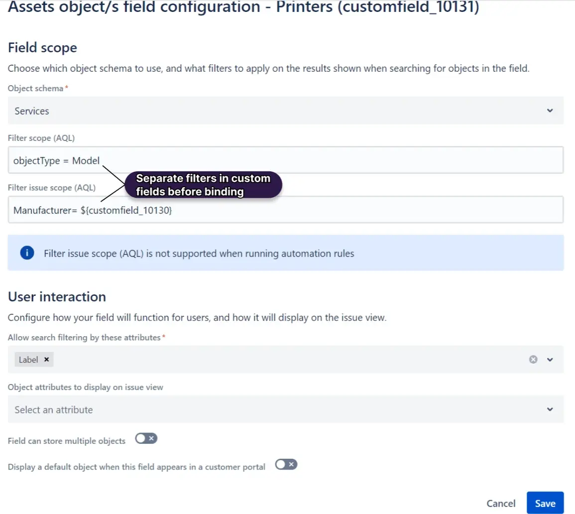 Assets integration in Feature Bundle - field scopers with AQL filter examples.