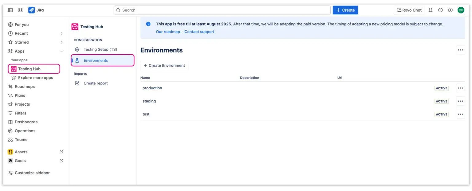 Managing a test environment in Jira with Appsvio Test Management, showing a list of configured servers test environments.