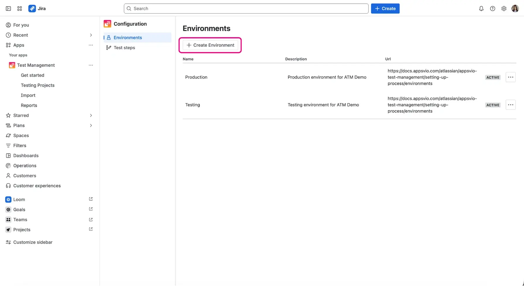 Test environment management in Jira with Appsvio Test Management - creating a new test enviroment from the Environments tab.