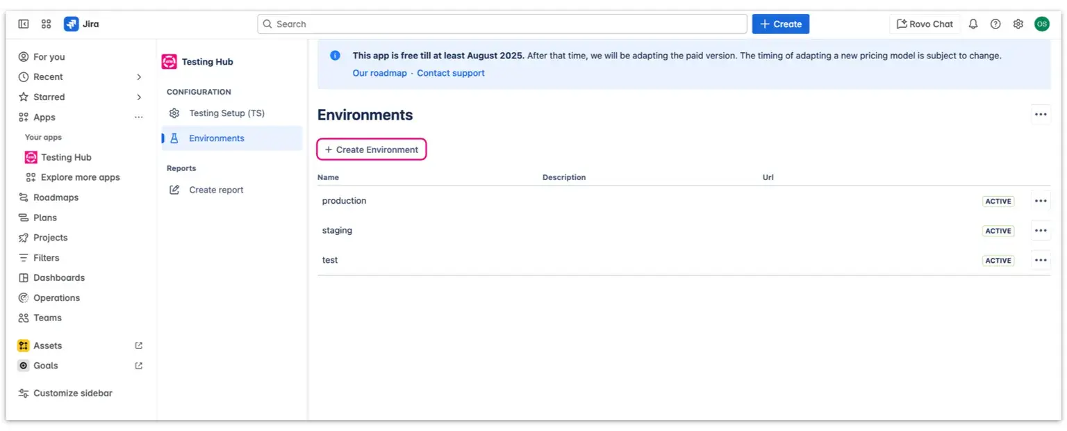 Test environment management in Jira with Appsvio Test Management - creating a new test enviroment from the Environments tab.