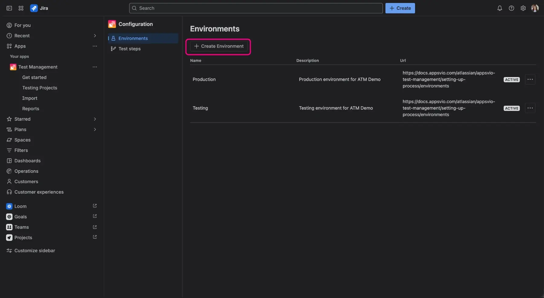 Test environment management in Jira with Appsvio Test Management - creating a new test enviroment from the Environments tab.