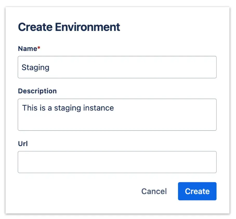 Configuration screen for a new test environment, allowing users to define parameters like name, description and URL.