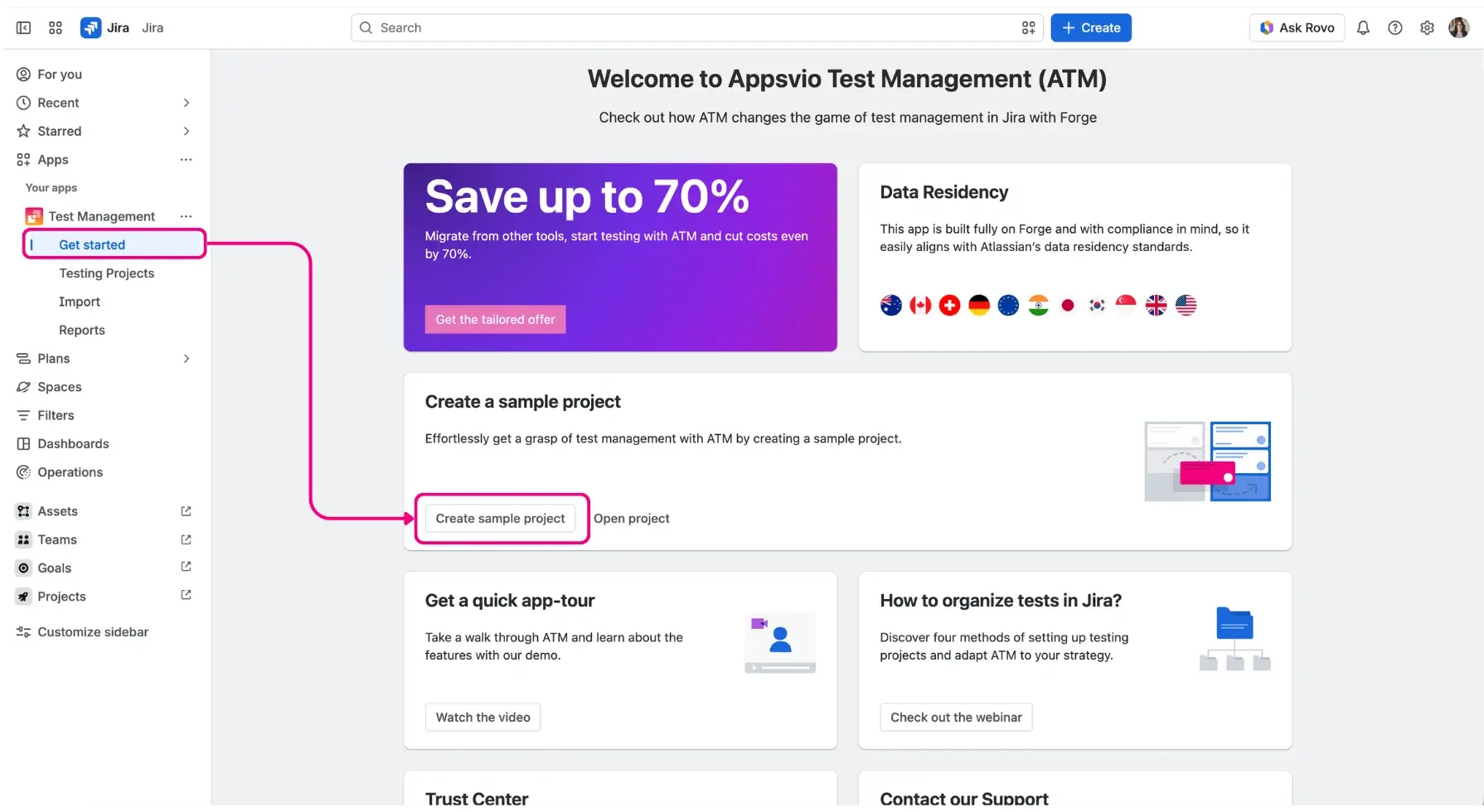 An example Jira testing project dashboard displaying the execution progress, status distribution, and a list of assigned test cycles.