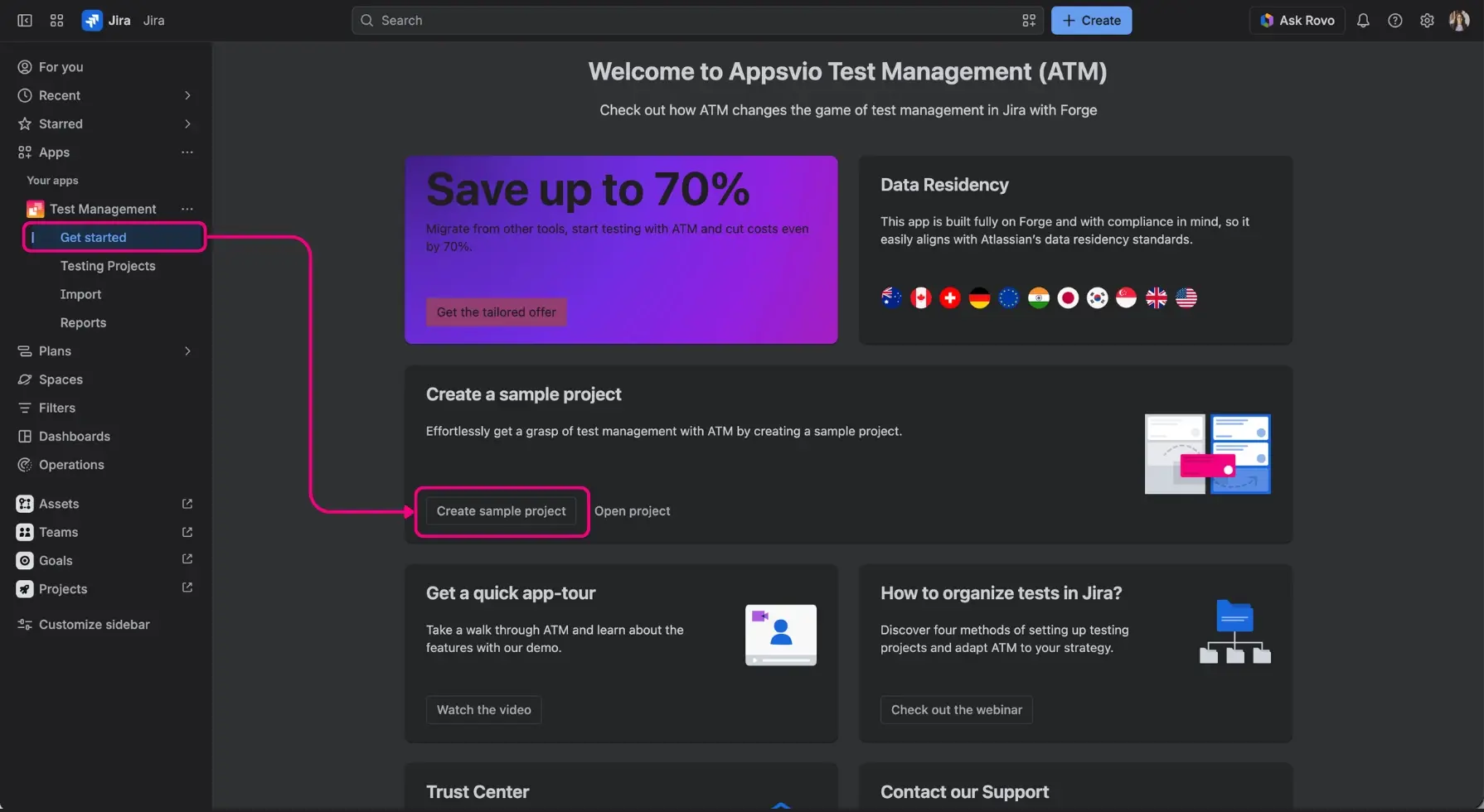 An example Jira testing project dashboard displaying the execution progress, status distribution, and a list of assigned test cycles.