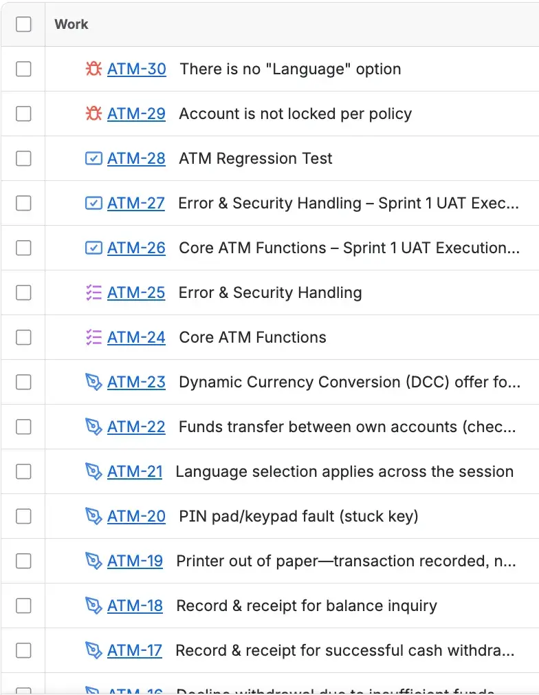 A detailed view of a test suite within a project, listing specific test cases and their current execution status.