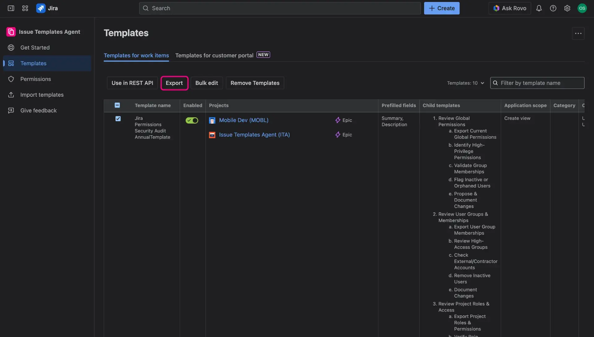 Export button right above the table in Template library page - the graphic shows templates selected by ticking of a checkbox in the first column of teh table.