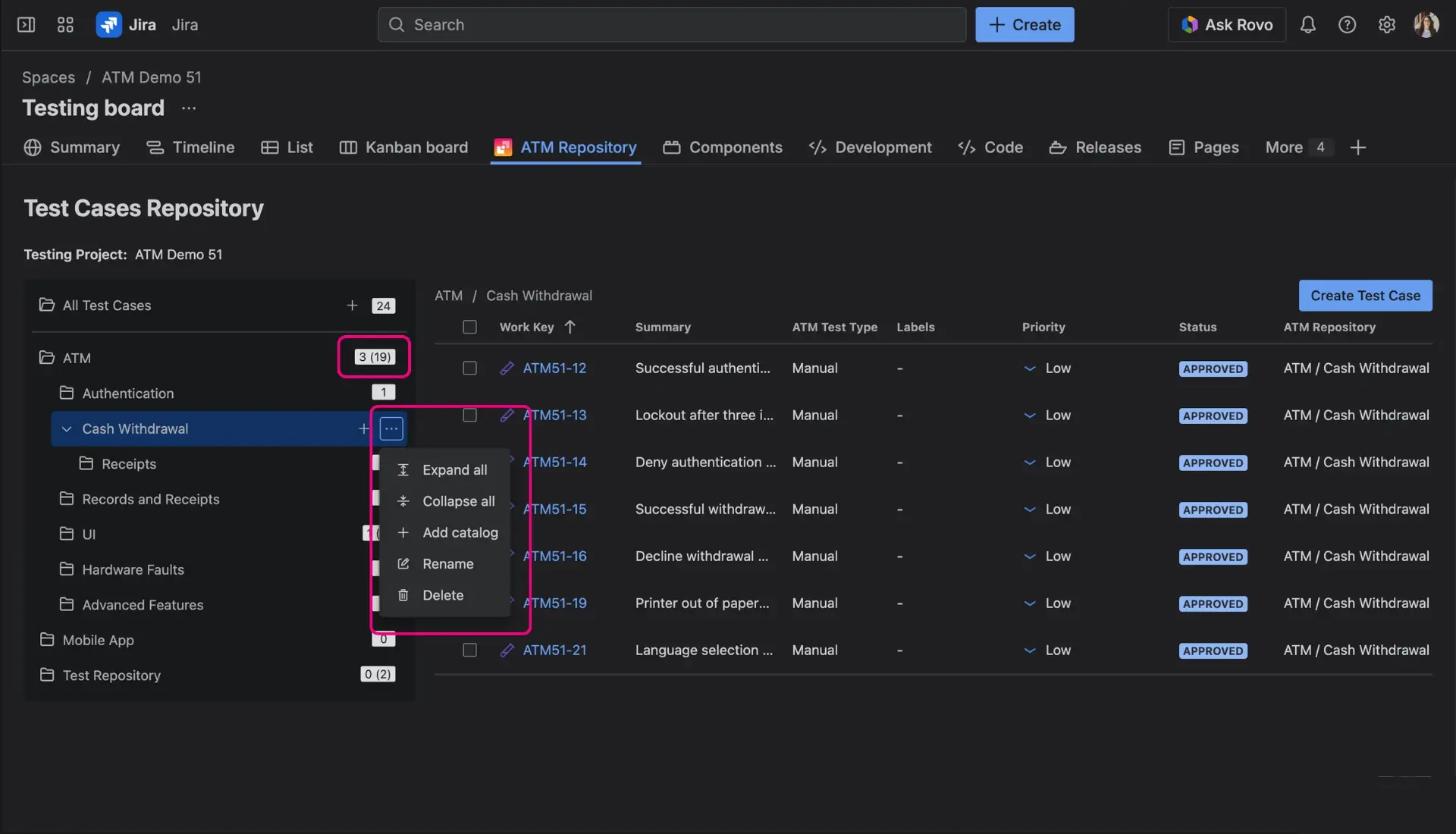 Folder management options in the ATM Repository, highlighting the context menu with Add, Rename, and Delete actions.