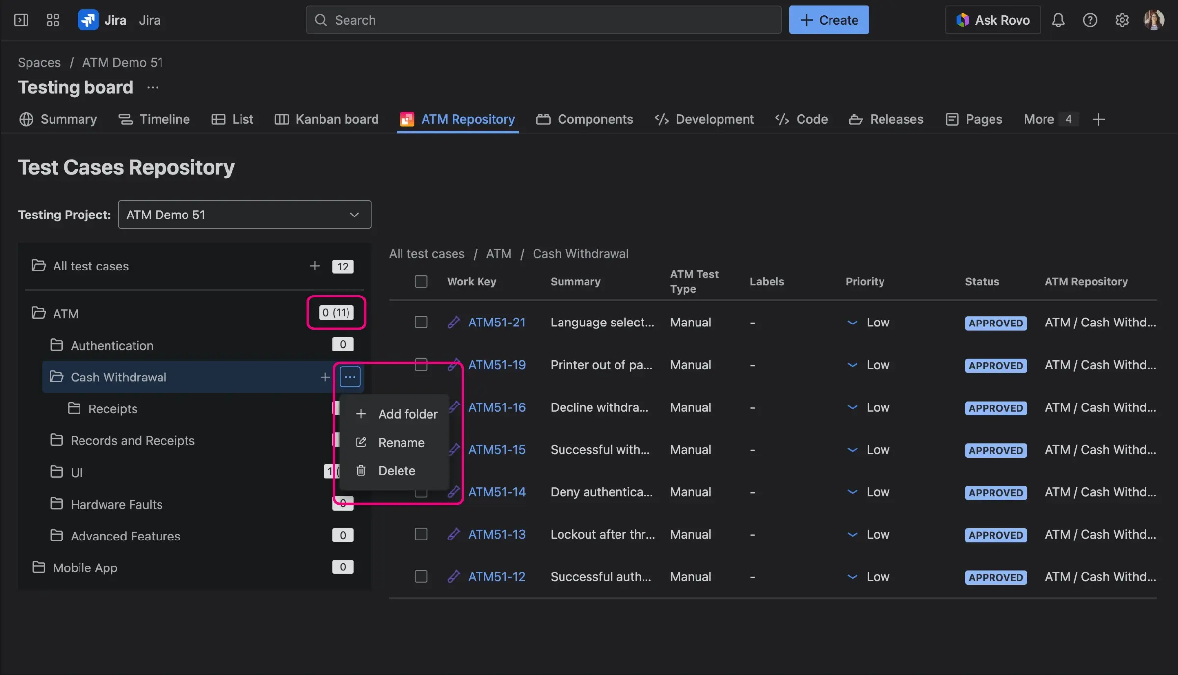 Folder management options in the ATM Repository, highlighting the context menu with Add, Rename, and Delete actions.