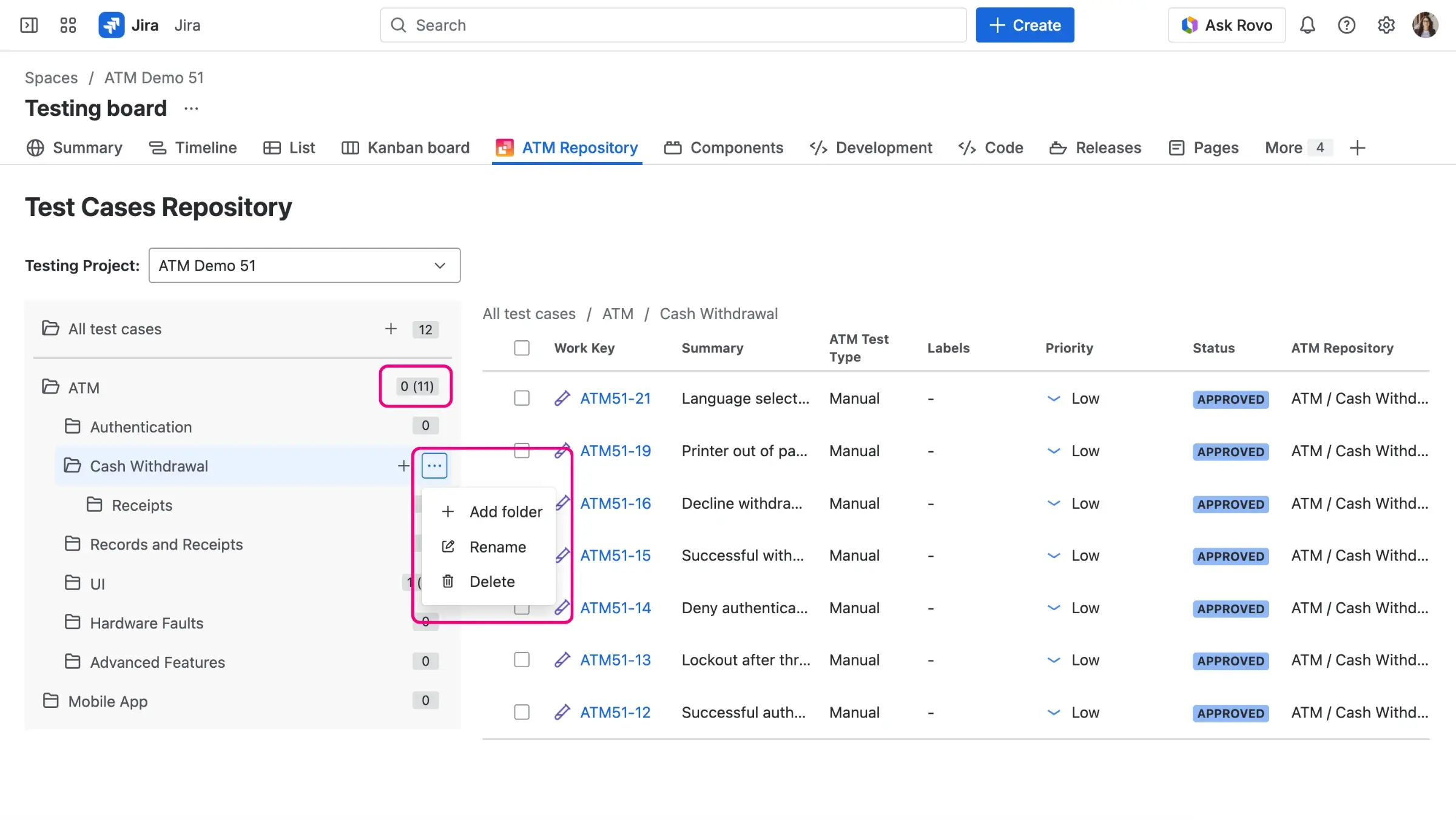 Folder management options in the ATM Repository, highlighting the context menu with Add, Rename, and Delete actions.