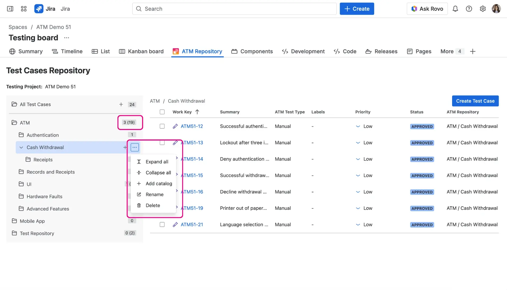 Folder management options in the ATM Repository, highlighting the context menu with Add, Rename, and Delete actions.