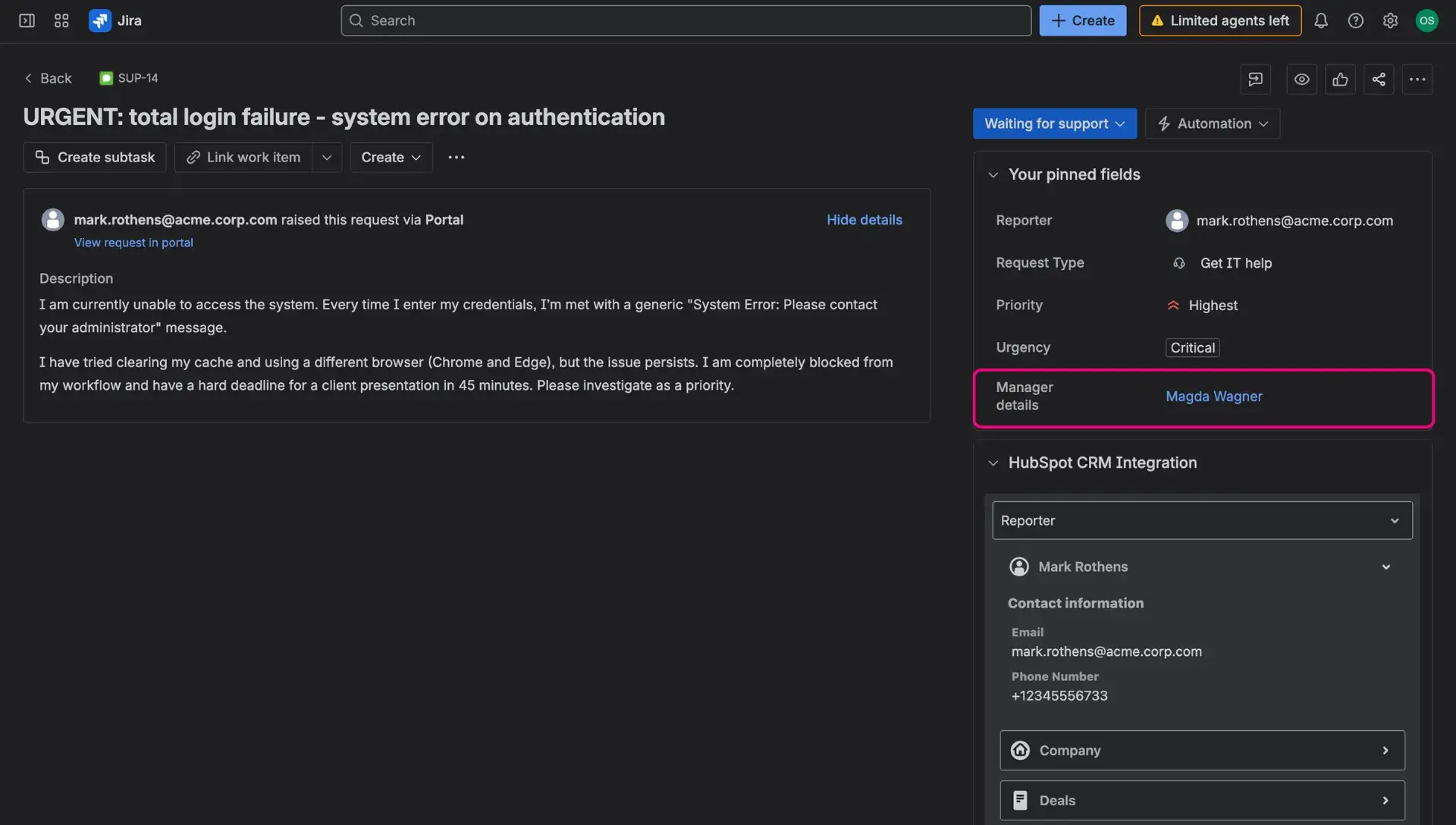 Screenshot of a Jira work item view with a highlight on the HubSpot custom field in the Details section of the item.