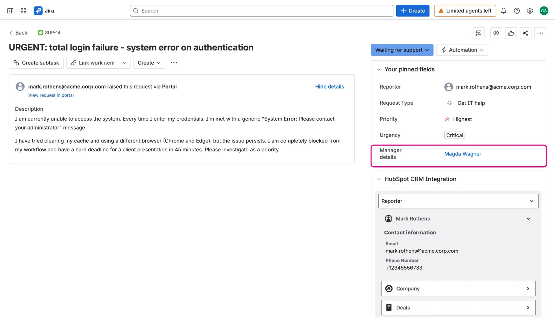 Screenshot of a Jira work item view with a highlight on the HubSpot custom field in the Details section of the item.