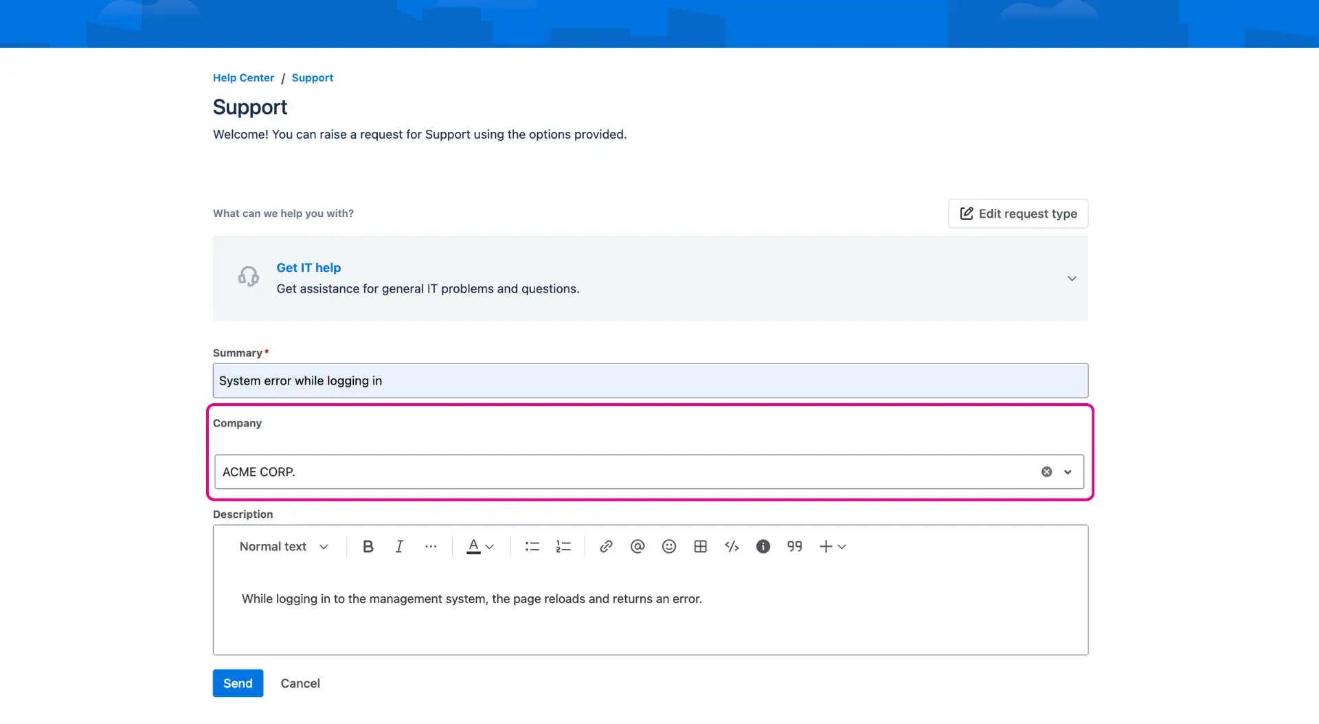 Screenshot of a request form on the JSM Service Desk with a highlighted HubSpot Jira integration custom field, that has been added earlier.