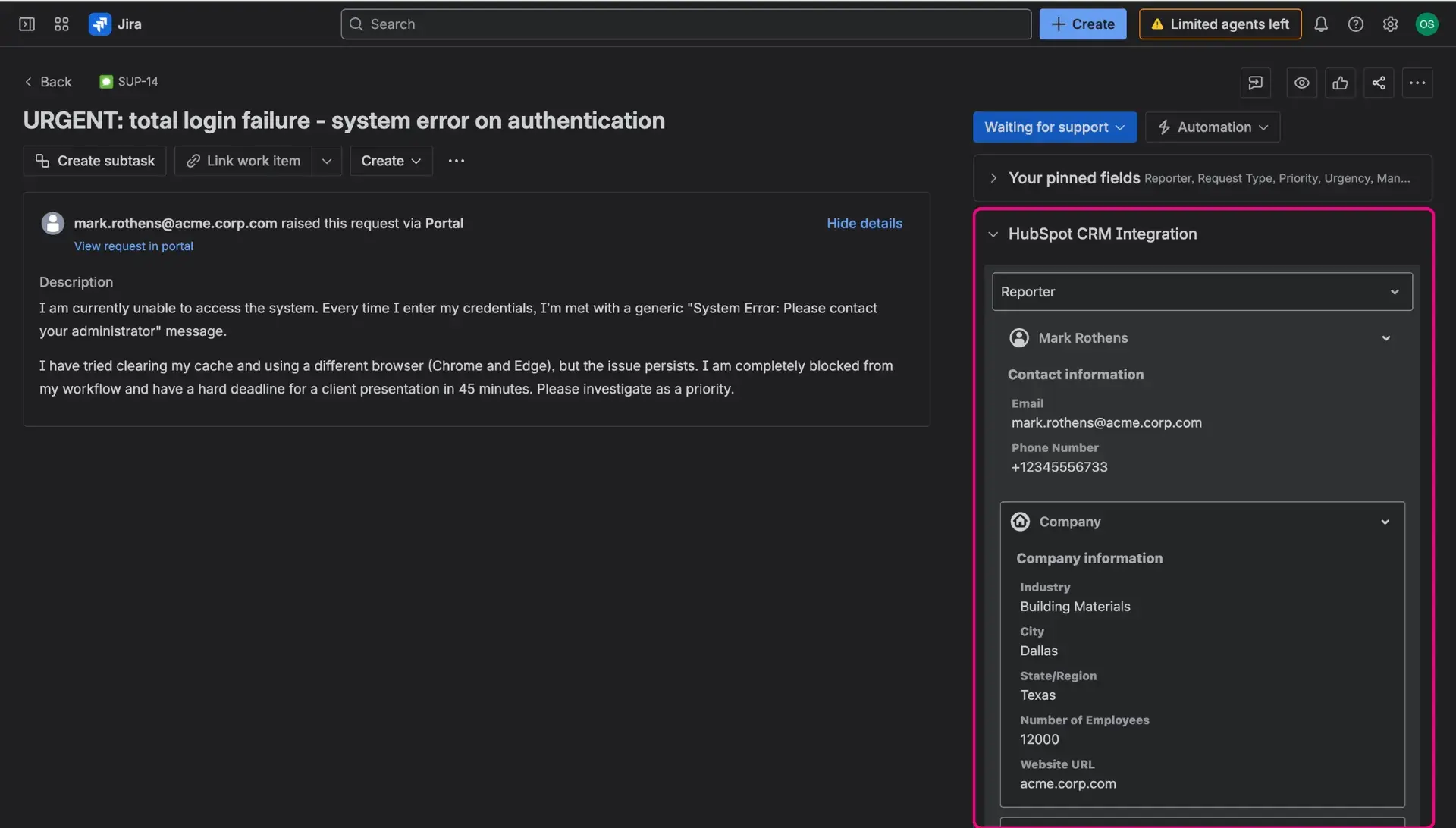 A Jira work item view - highlight on the HubSpot CRM Integration Panel on the right side.