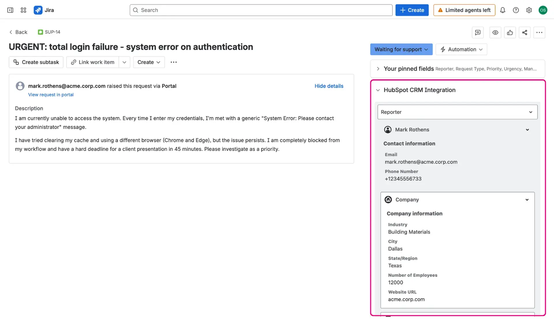 A Jira work item view - highlight on the HubSpot CRM Integration Panel on the right side.
