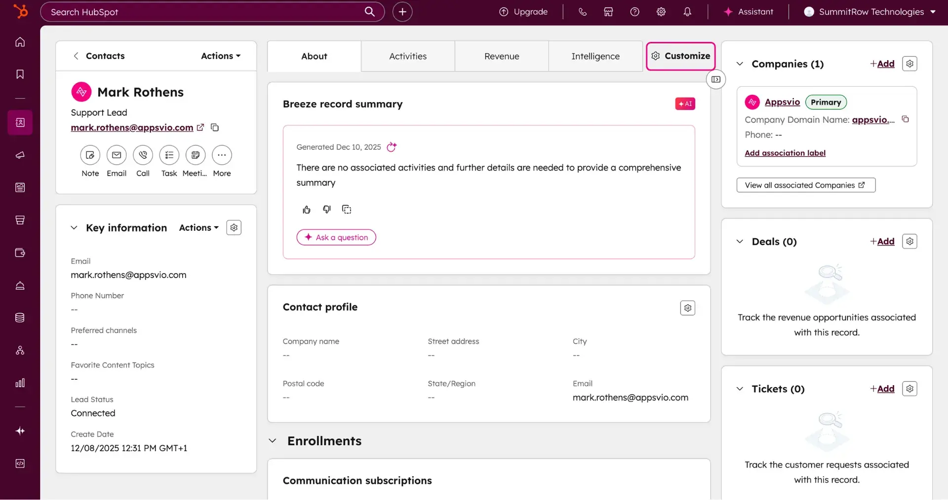 A HubSpot Contact record view. The Customize button is highlighted in a pink box located in the top navigation tab bar, to the right of the Intelligence tab.