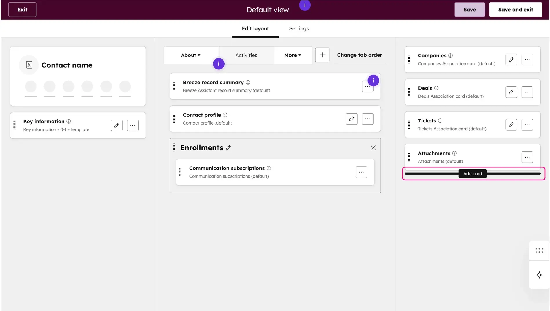 The Default view layout editor in HubSpot. The right-hand column, which controls the sidebar, has the Add card button highlighted at the very bottom of the list.
