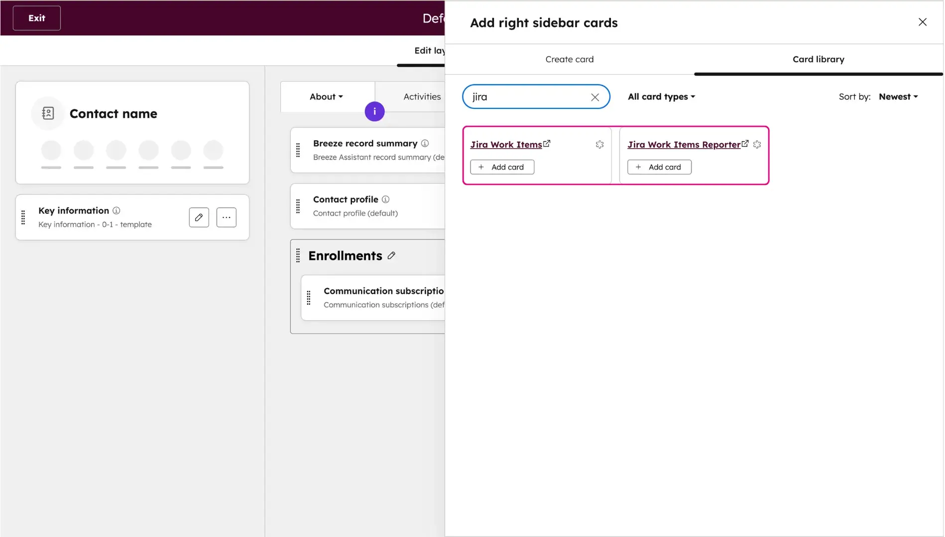 The Add right sidebar cards pop-up window. The search bar contains the word jira. Two available cards — Jira Work Items and &Jira Work Items Reporter — are highlighted in a pink box, each with an Add card button.