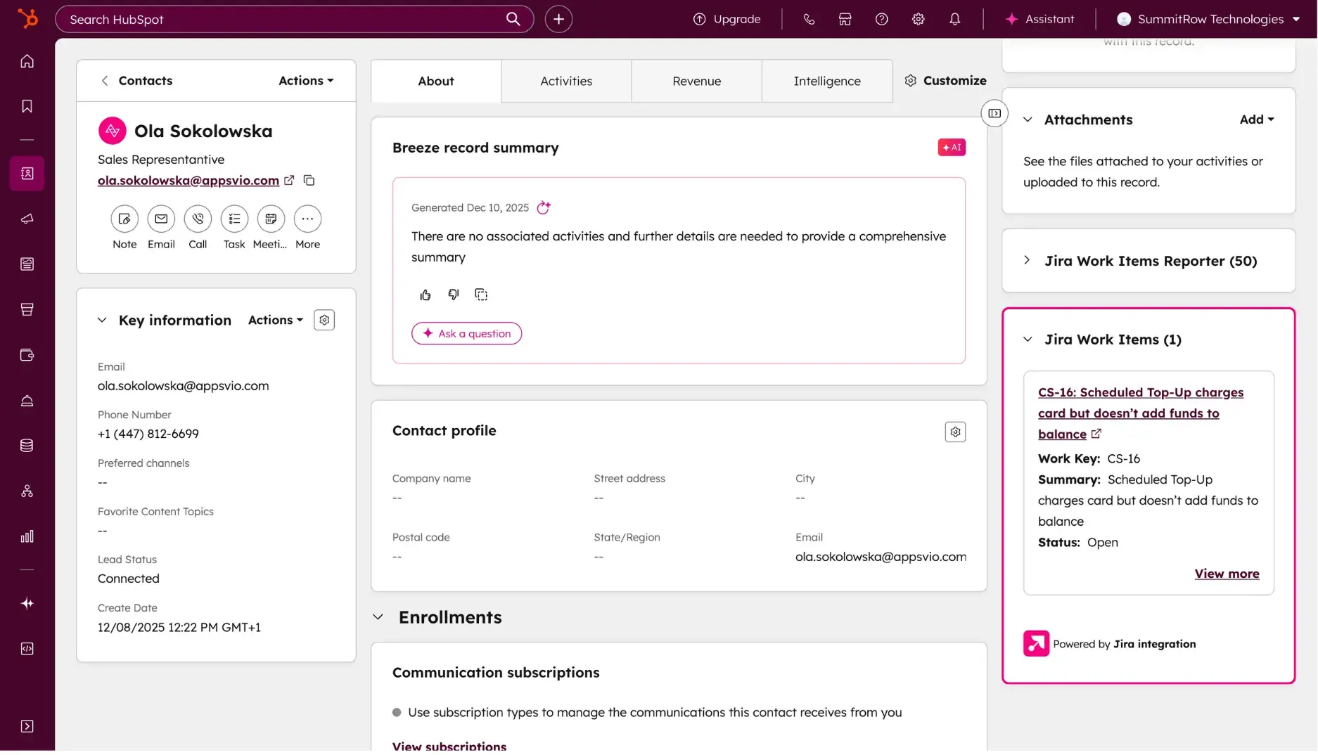 A HubSpot Contact record after the setup is complete. The right-hand sidebar is highlighted in pink, showing the newly added &Jira Work Items card displaying a ticket summary and status.