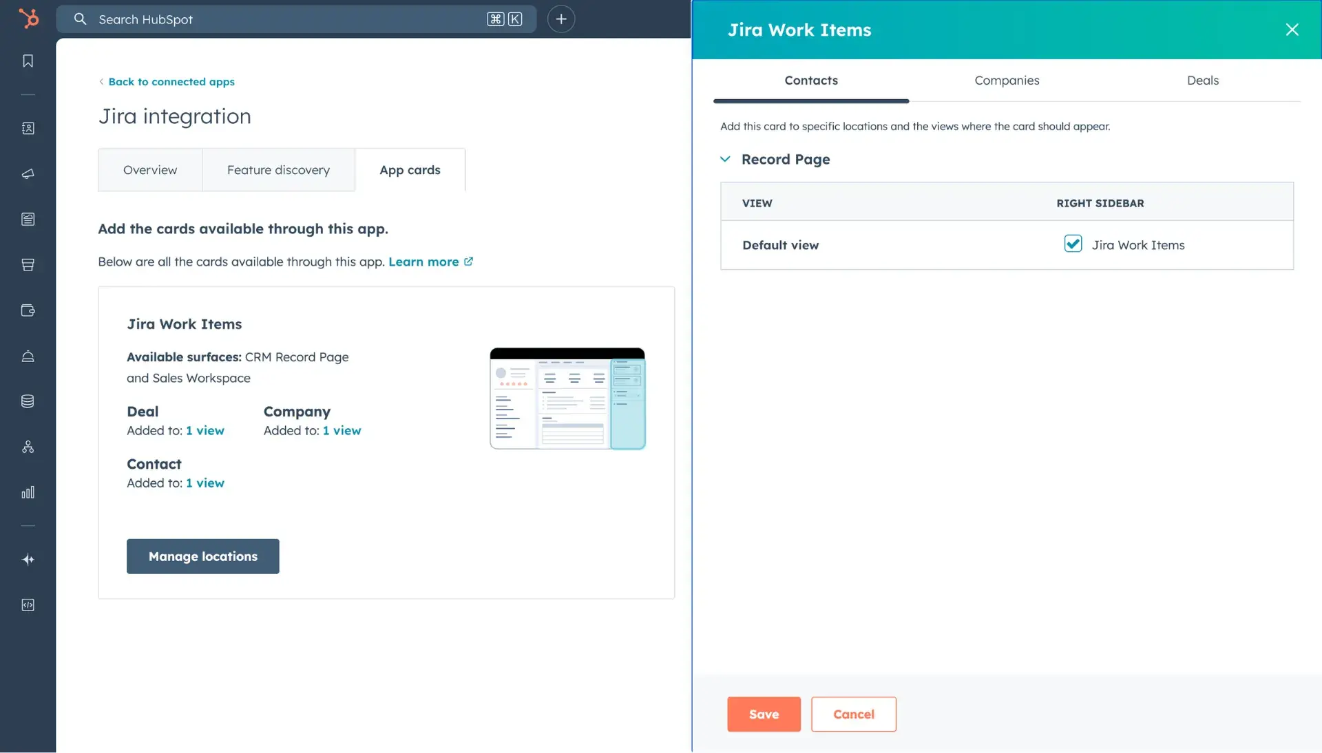 Panel for managing the locations of Jira data in HubSpot.