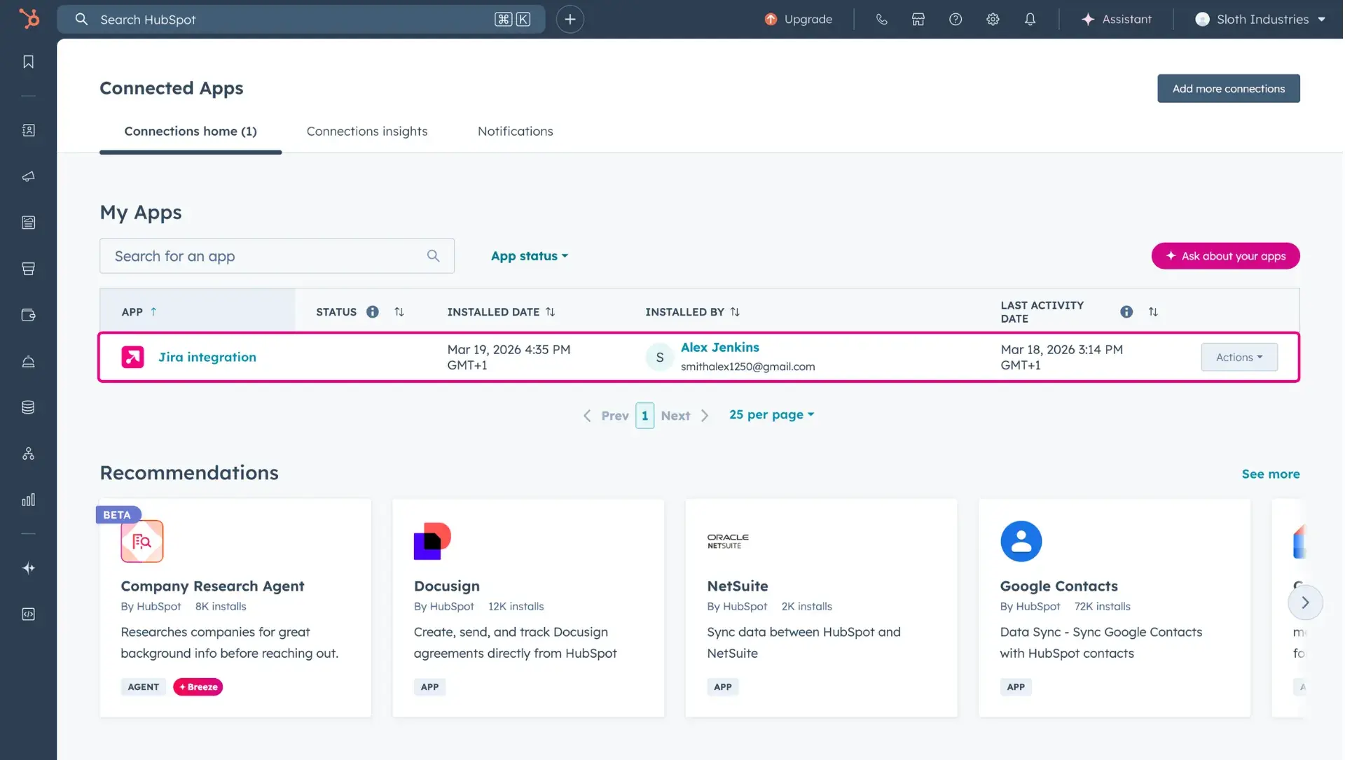 List of HubSpot intregrations, connected to HubSpot instance - including the Jira-HubSpot integration.