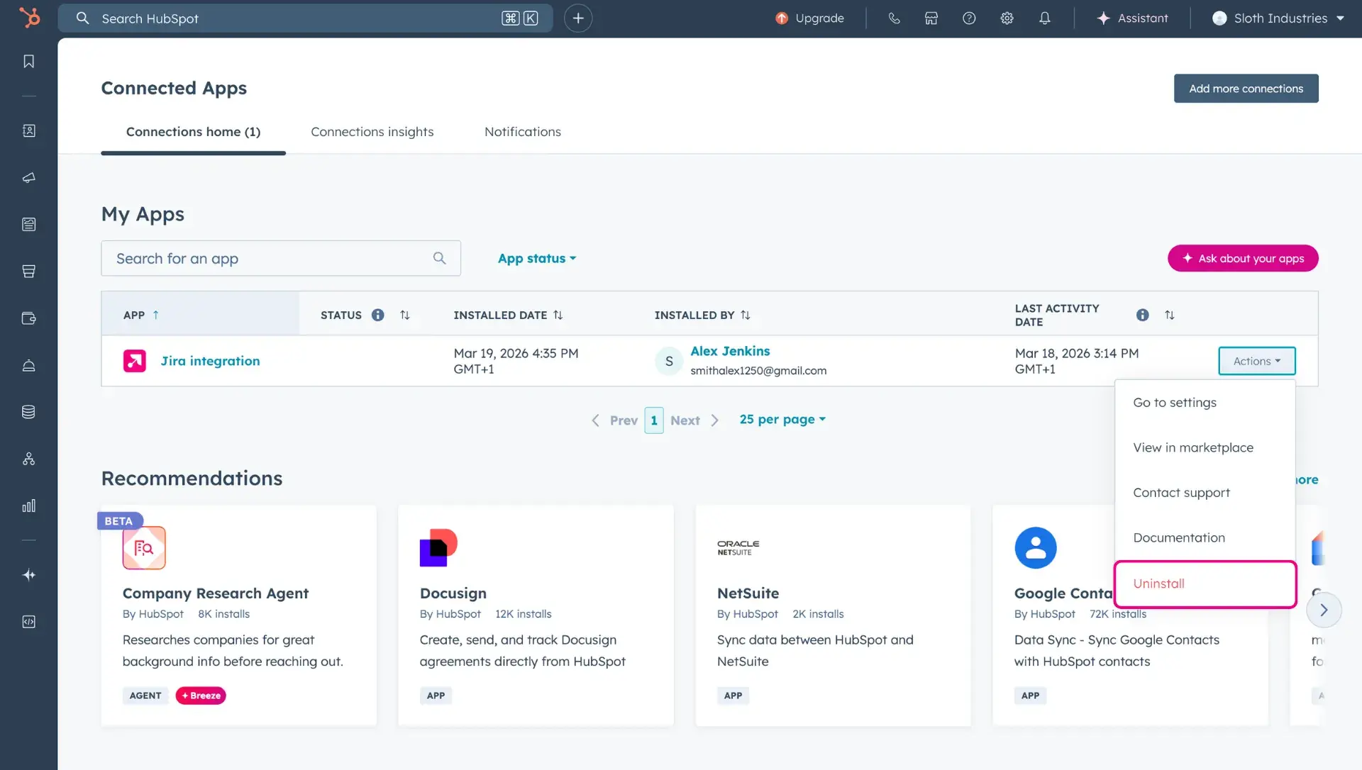 Screen of Connected apps in HubSpot, with HubSpot-Jira integration listed, More options menu opened and the Uninstall button highlighted.