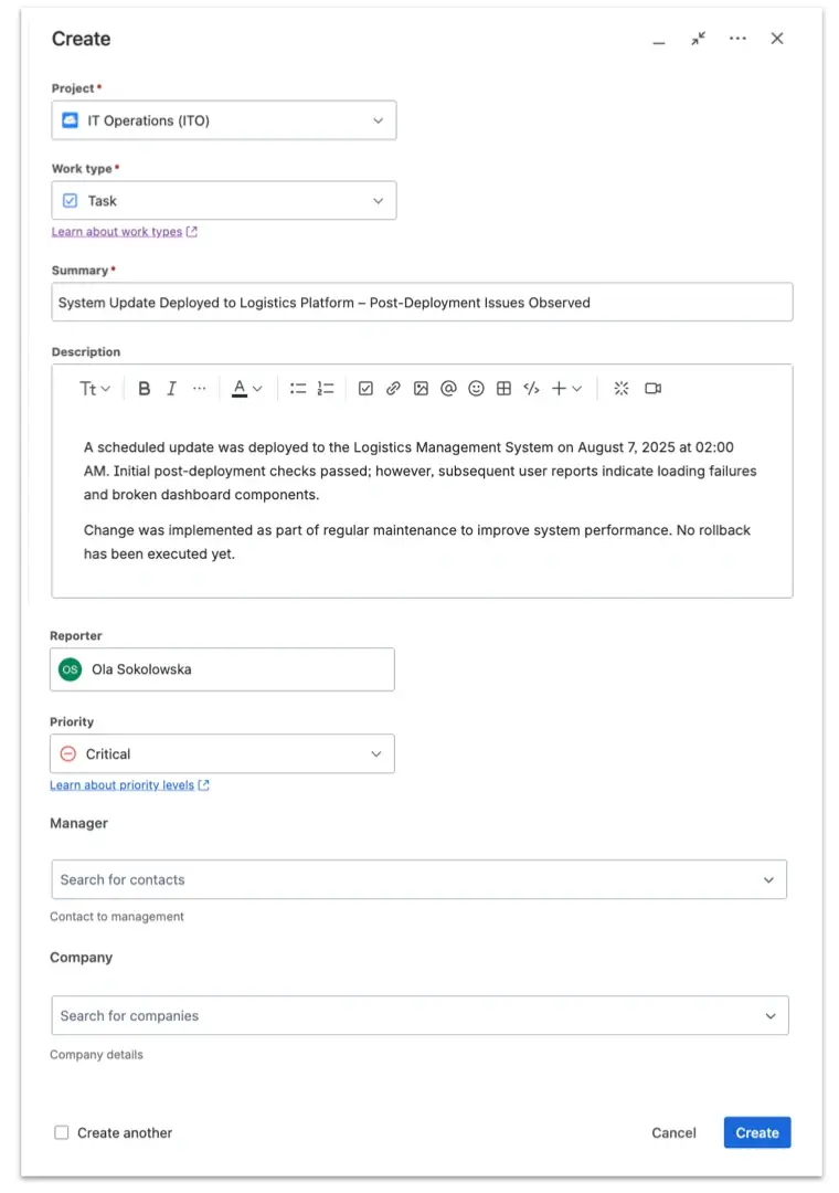 Create work item screen with added HubSpot custom field