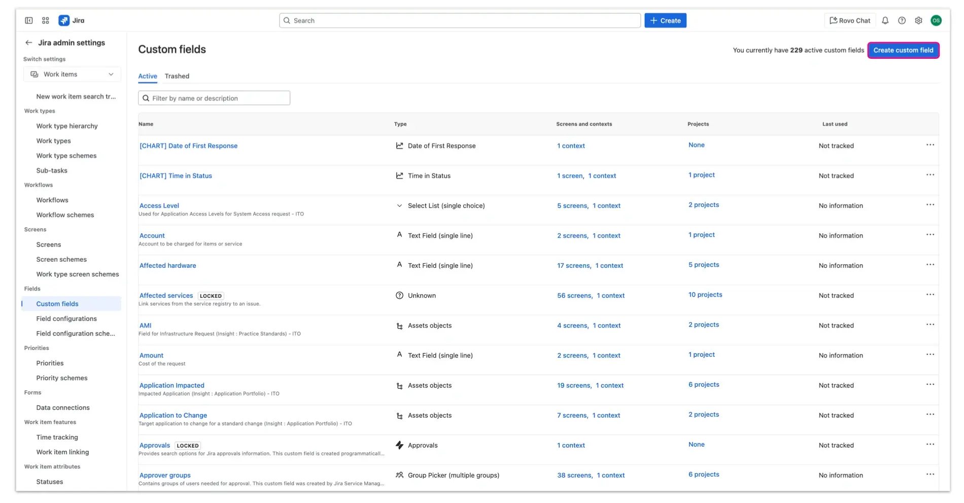 Creating a new custom field.