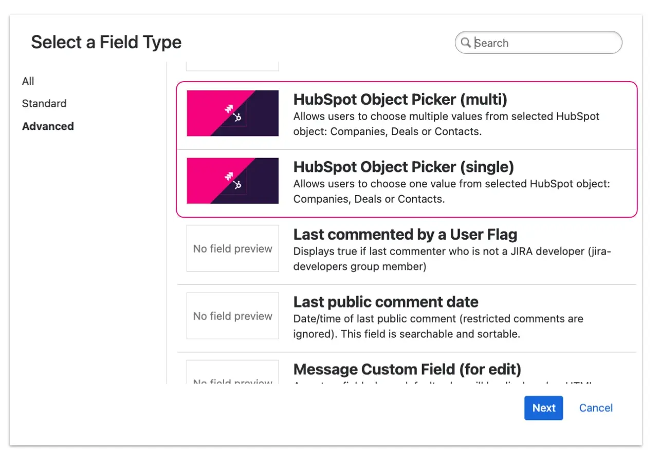 Two options of HubSpot custom fields - single or multi-picker