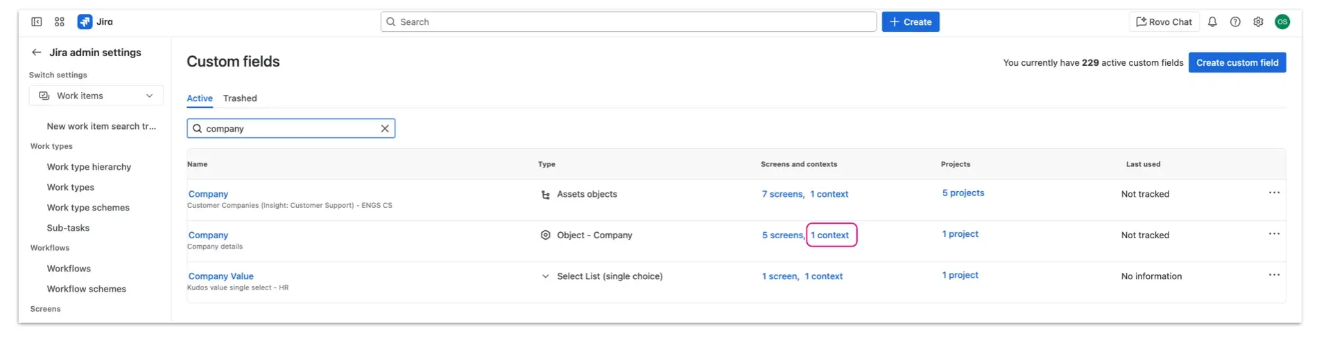 Accessing the context of the newly created custom field by clicking on the context link in the custom list