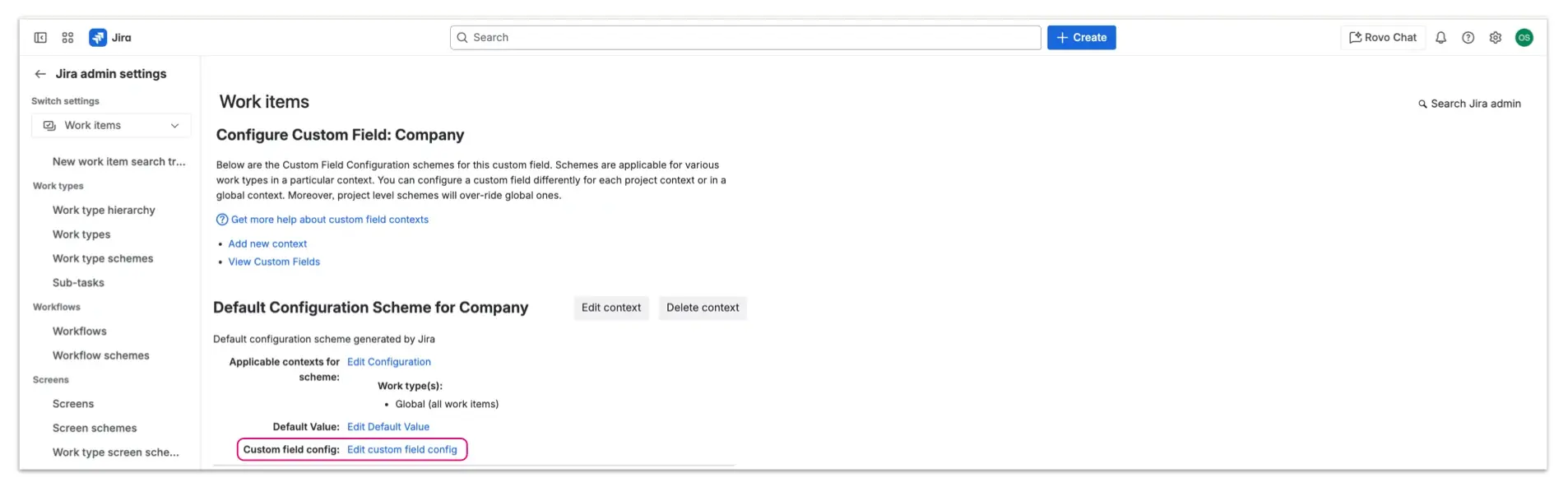 Editing the custom field configuration