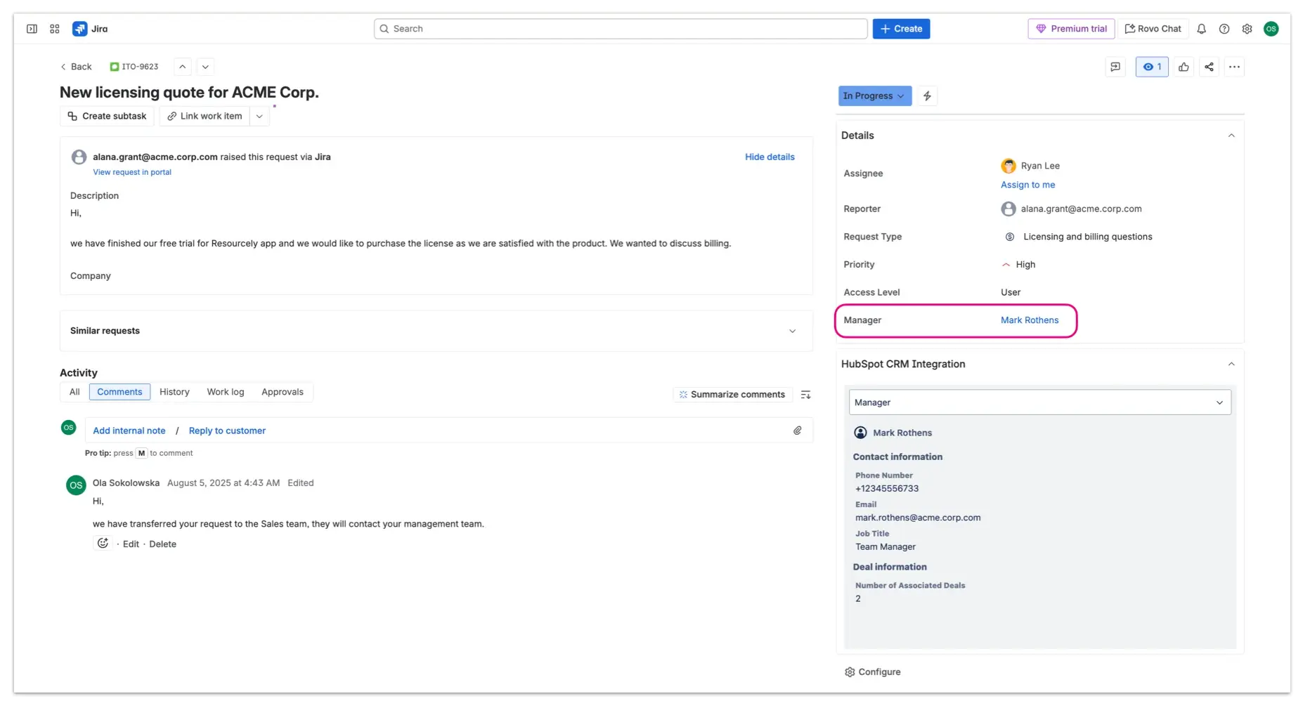 Screenshot of a Jira work item view with a highlight on the HubSpot custom field in the Details section of the item