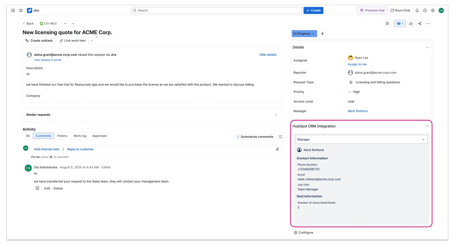 A Jira work item view - highlight on the HubSpot CRM Integration Panel on the right side