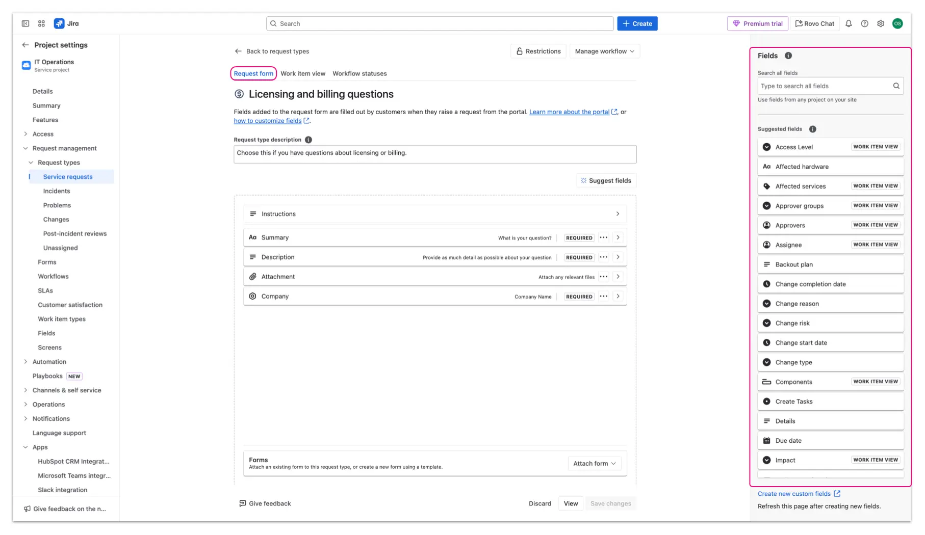 Configuration of the HubSpot custom fields on the Request Form view - accessed through service projects settings, users select and drop the custom fields into the form.