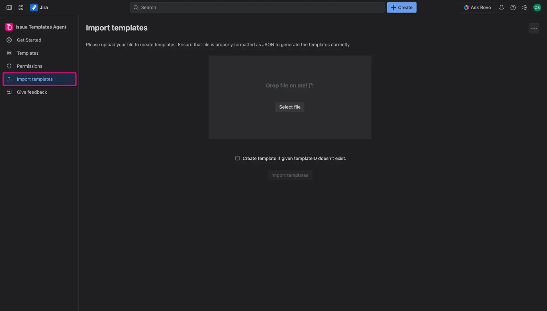 Import of Jira issue templates - Import page in the management panel with a file upload instrcution and upload button.
