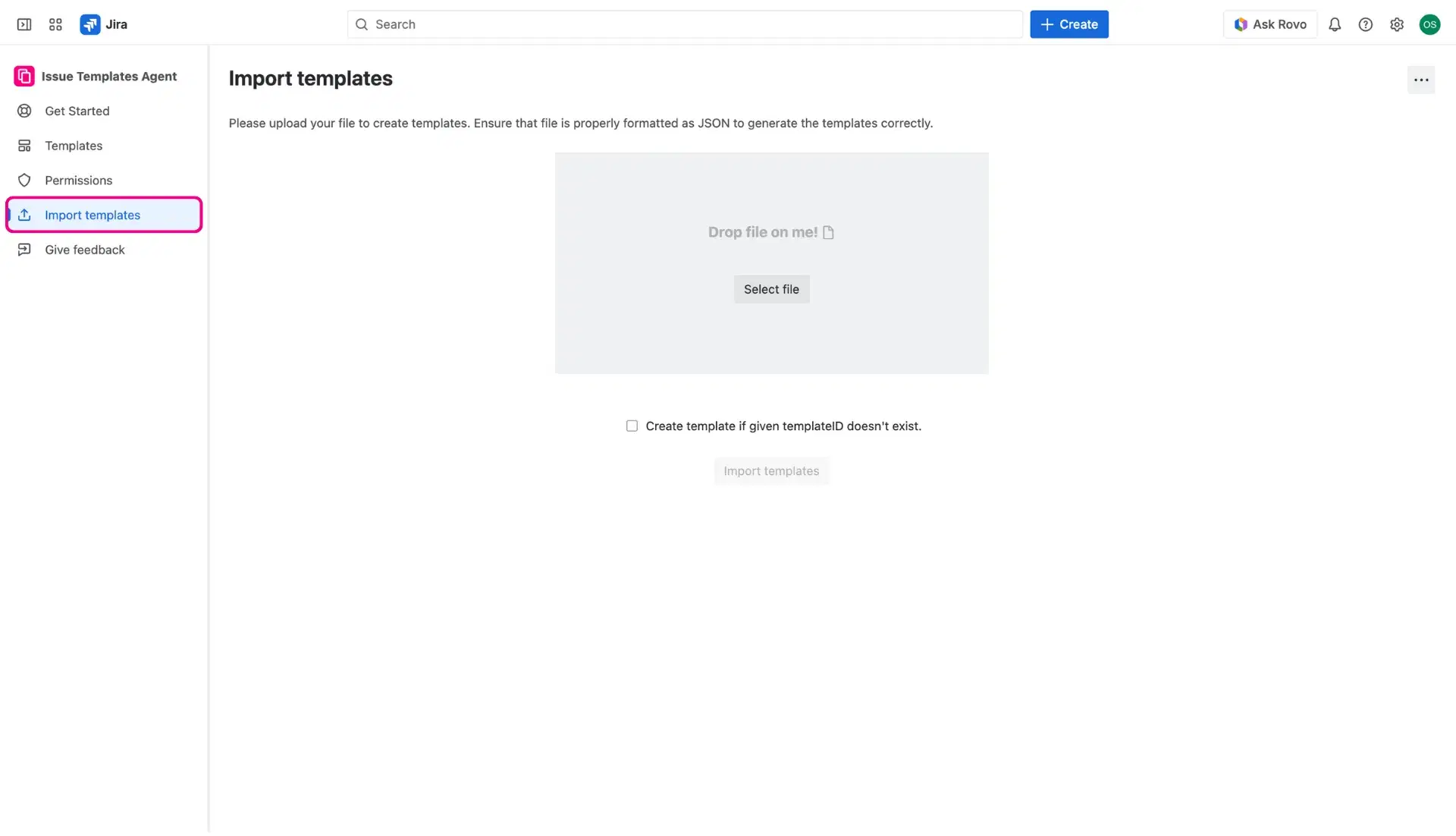 Import of Jira issue templates - Import page in the management panel with a file upload instrcution and upload button.