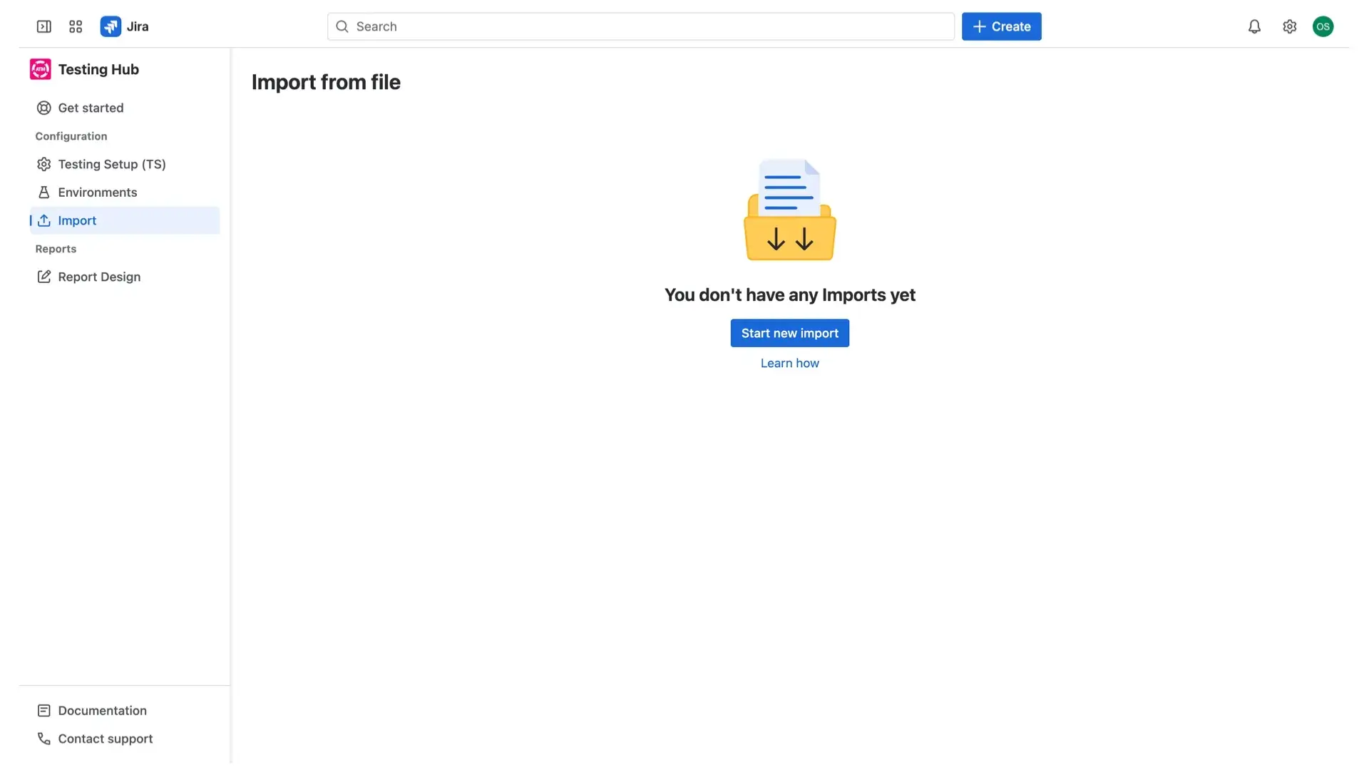 The Import section in the Testing Hub, showing the landing page and the button to start a new import.