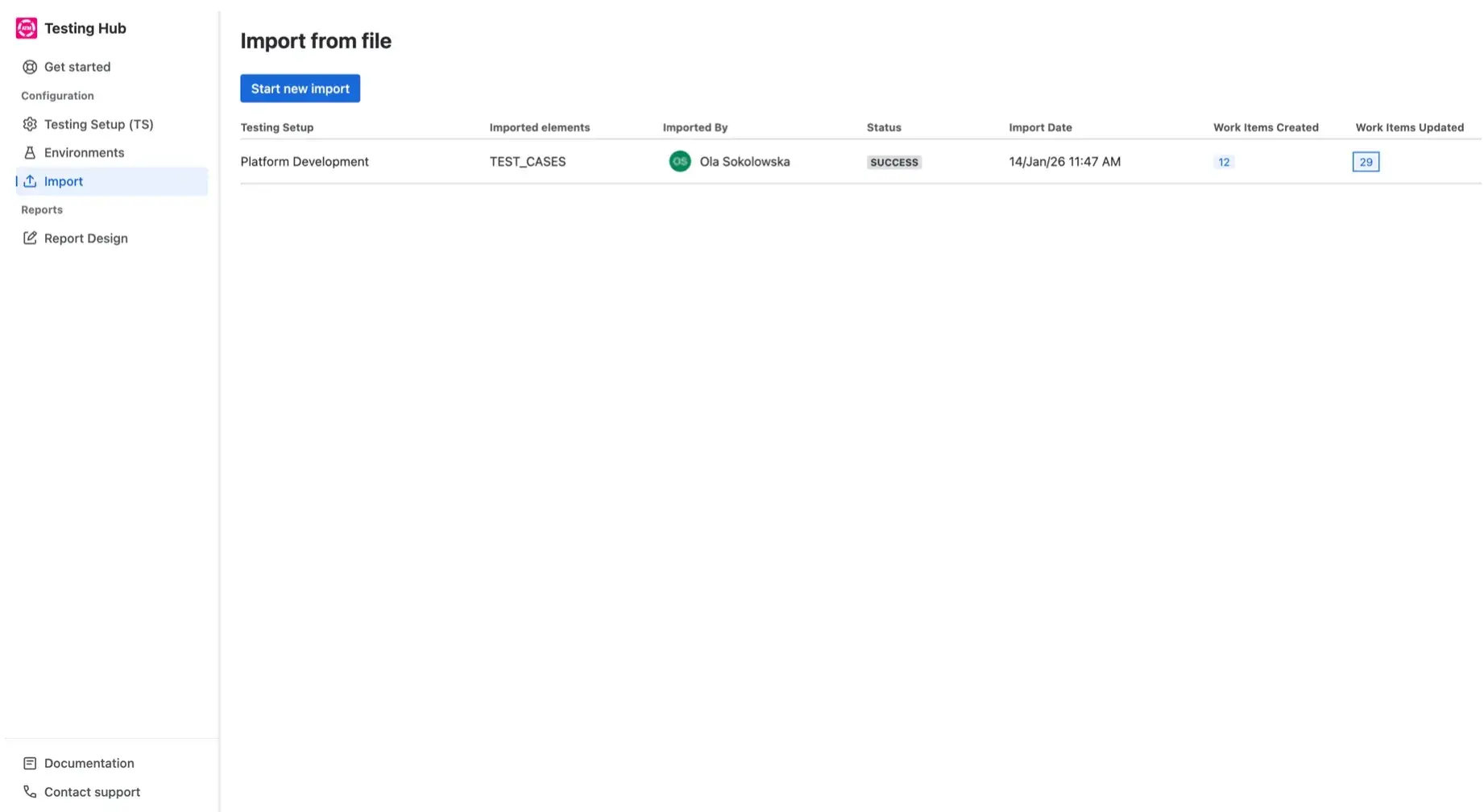 The Import history table, displaying past import statuses, dates, and the number of created or updated work items.