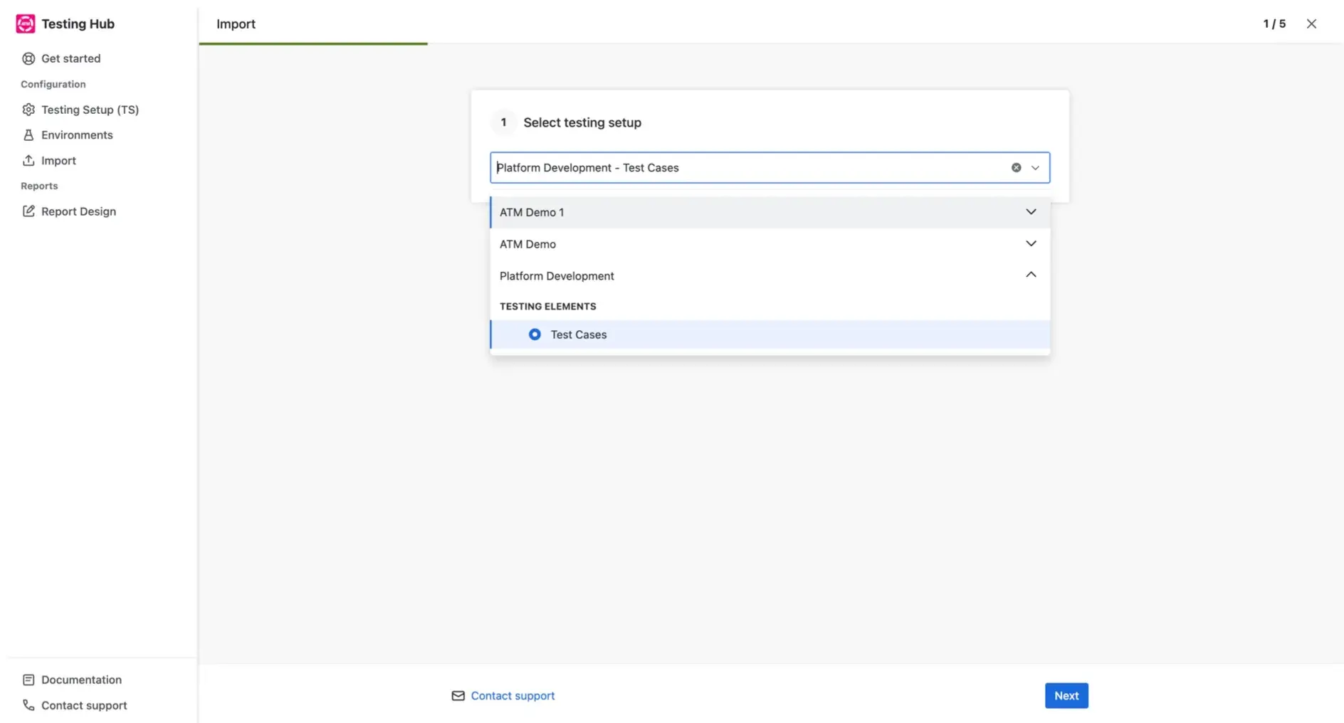 Step 1 of the Import Wizard in Appsvio Test Management, selecting the Testing Project and element type for migration.