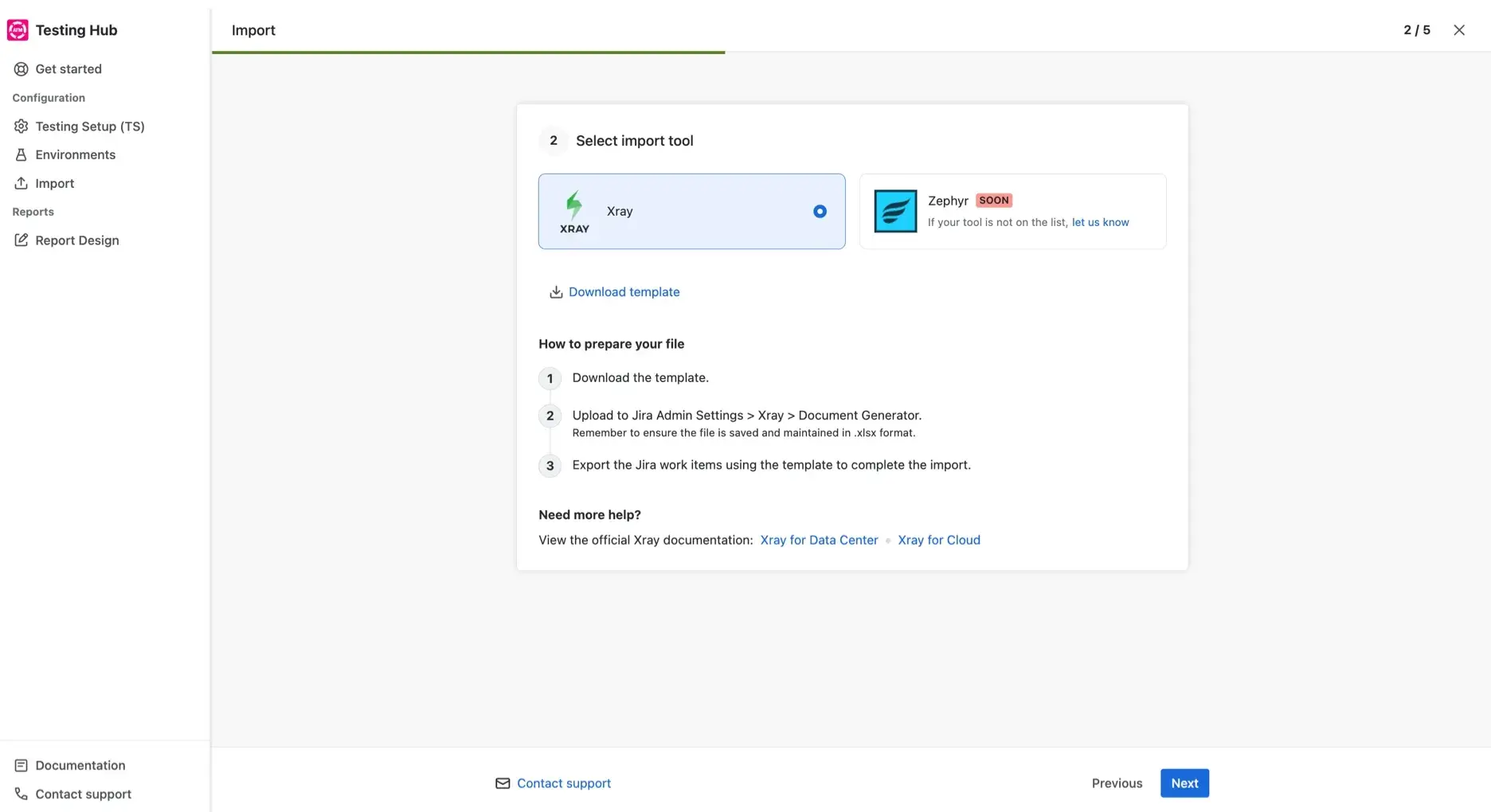 Step 2 of the Import Wizard, choosing Xray as the source tool and downloading the import template.