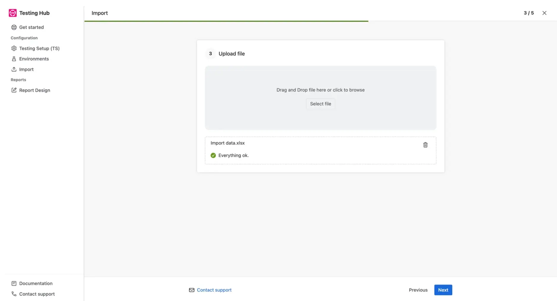 Step 3 of the Import Wizard, uploading the exported .xlsx file containing Test Cases.