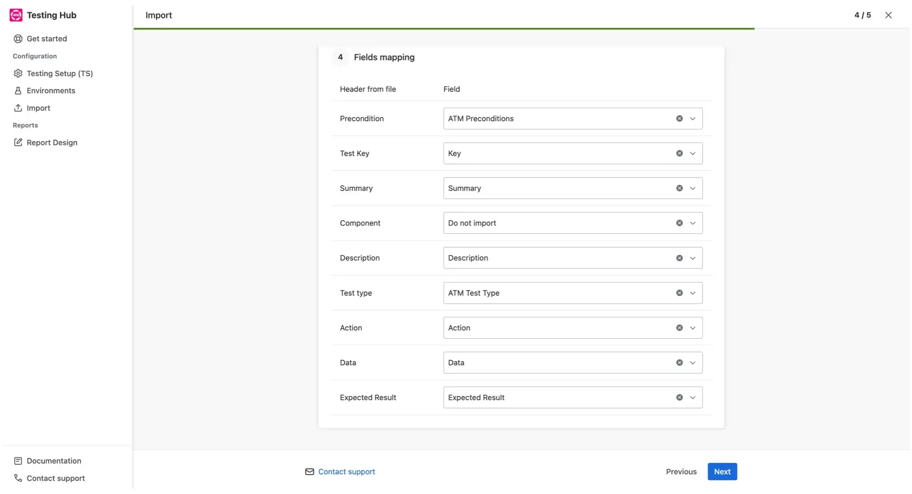 Step 4 of the Import Wizard, mapping source file columns to native Jira fields and ATM custom fields.