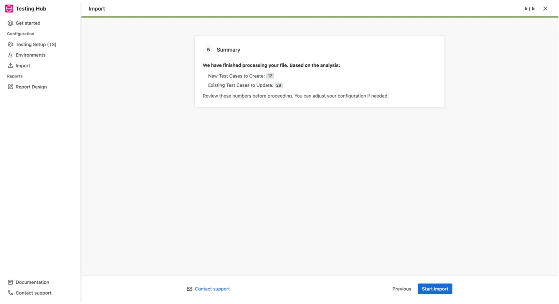 Step 5 of the Import Wizard, showing a summary of work items to be created or updated before starting the import.