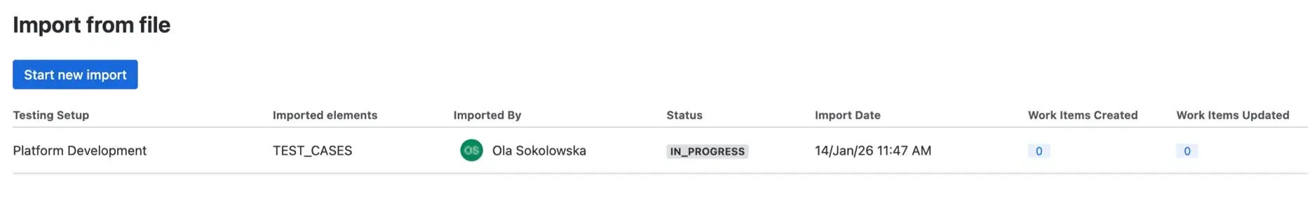 Finalizing the bulk test case import, showing a progress bar and validation checks for the uploaded data.