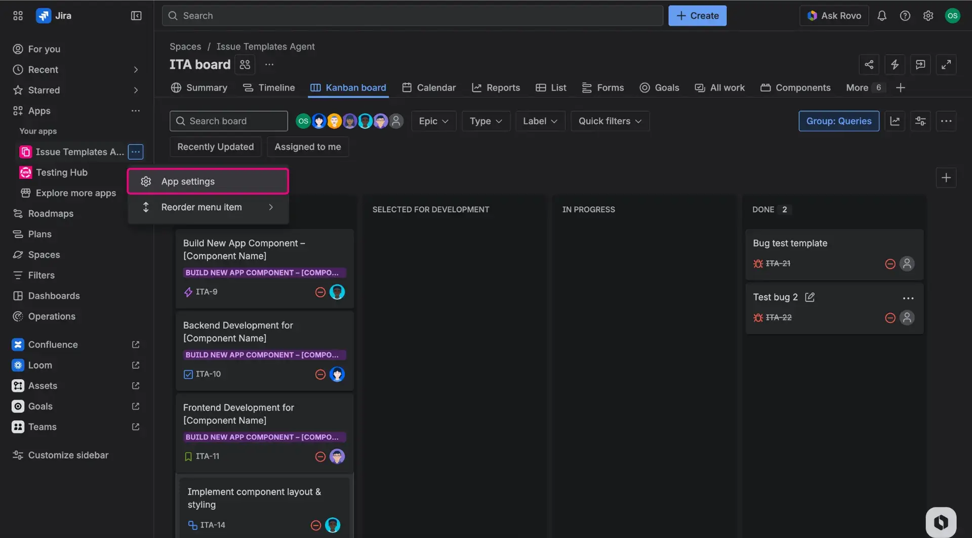 Navigation to app settings of Jira Issue Templates Agent