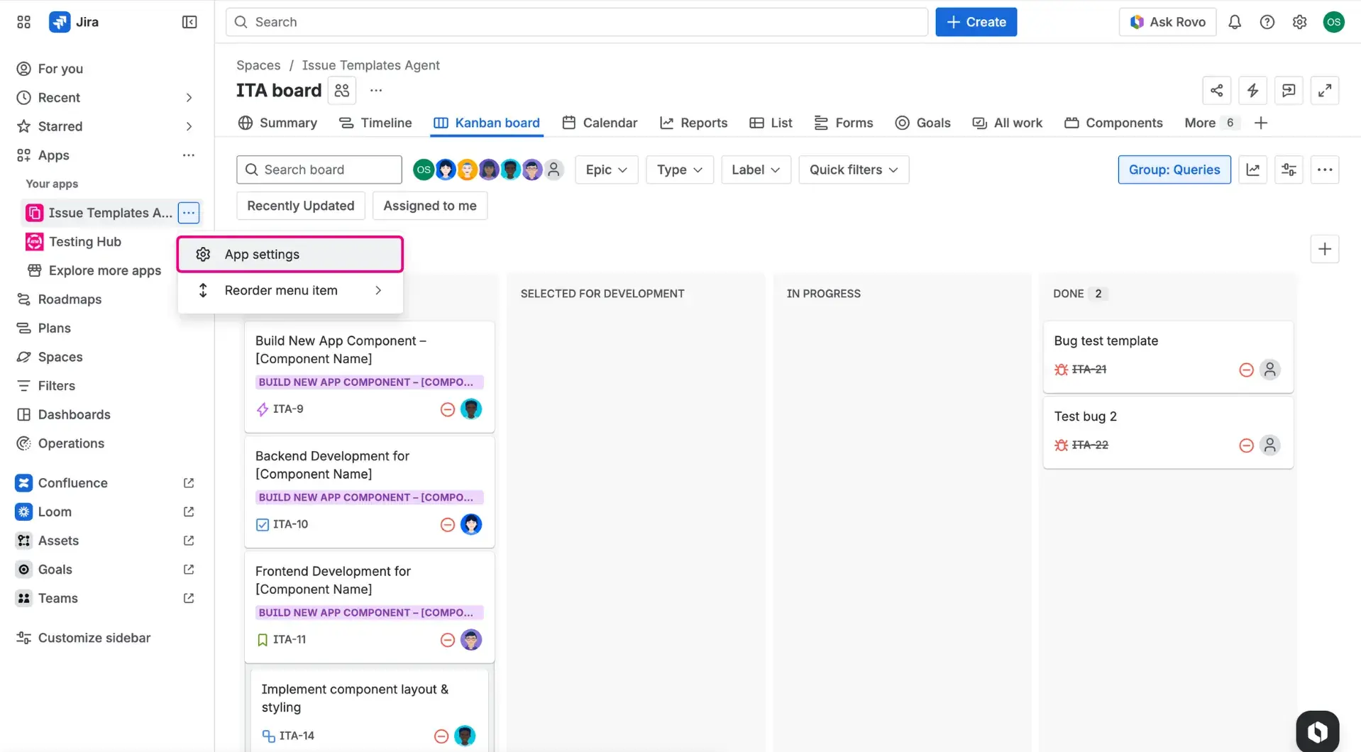 Navigation to app settings of Jira Issue Templates Agent