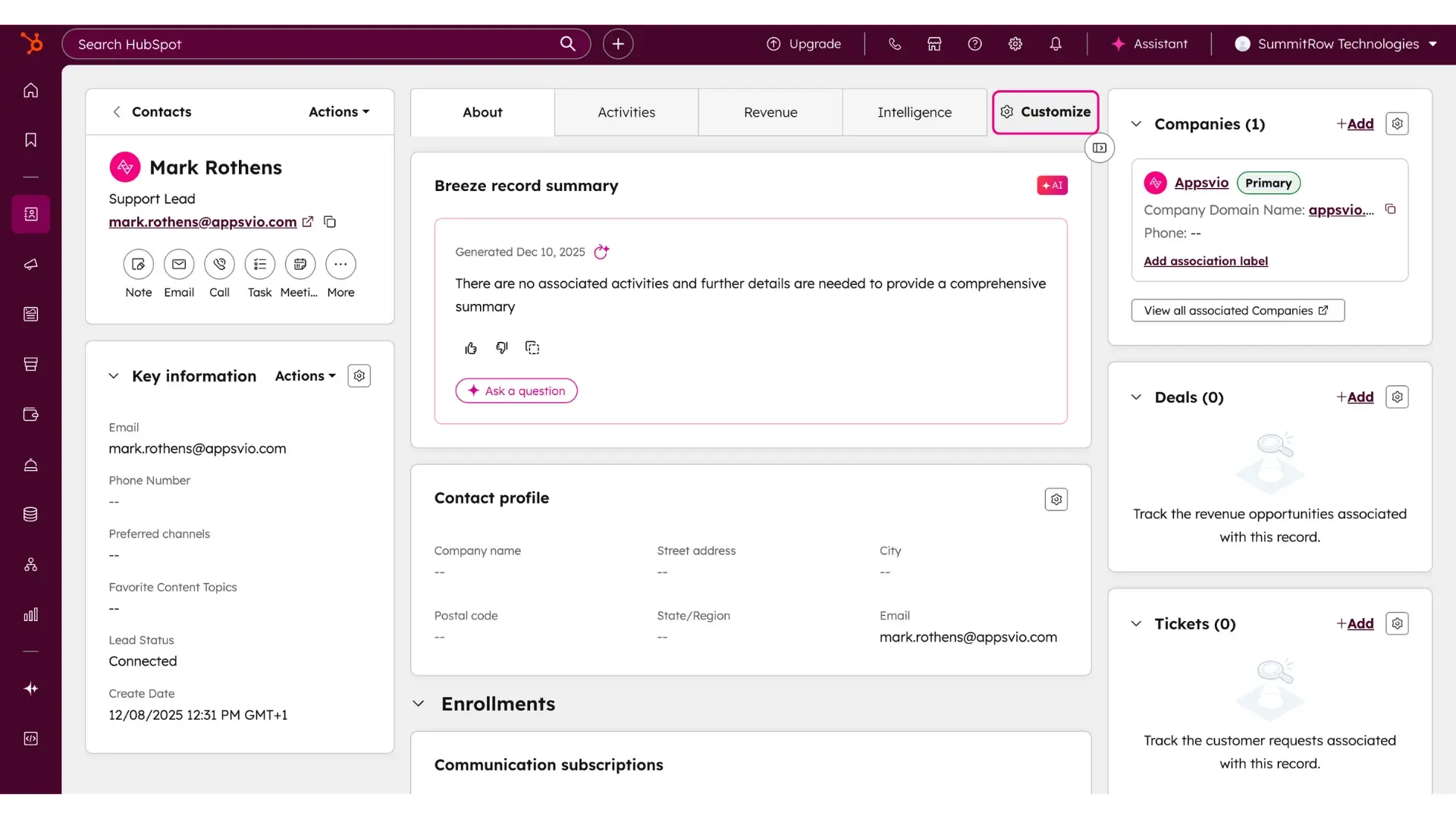 A HubSpot Contact record view. The Customize button is highlighted in a pink box located in the top navigation tab bar, to the right of the Intelligence tab.