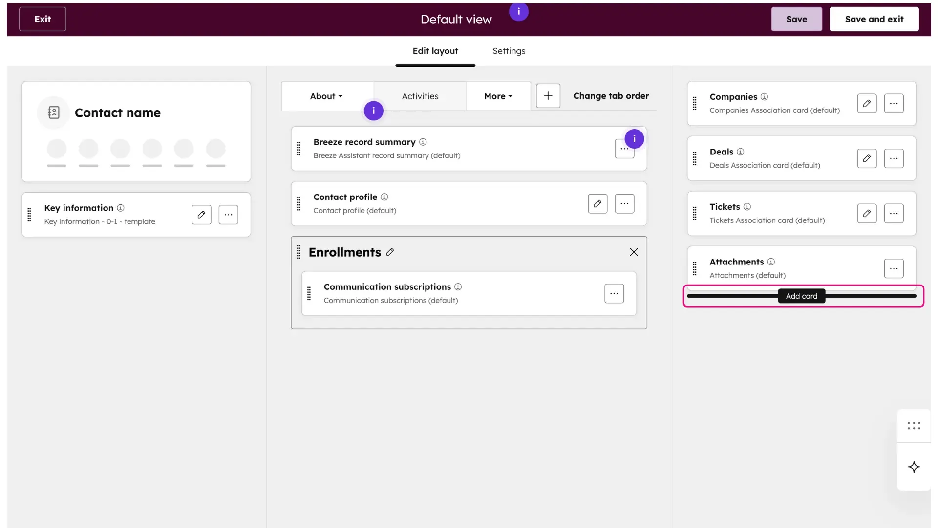 The Default view layout editor in HubSpot. The right-hand column, which controls the sidebar, has the Add card button highlighted at the very bottom of the list.